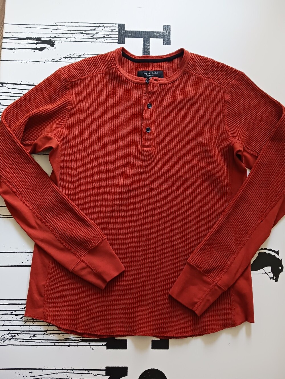 Rag & Bone Terracota/ Dark Orange/ Waffle Knit Henley Shirt Size M